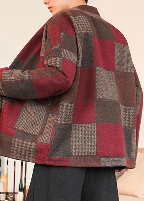 French Red Plaid Lace Up Woolen Coats Winter Ro030