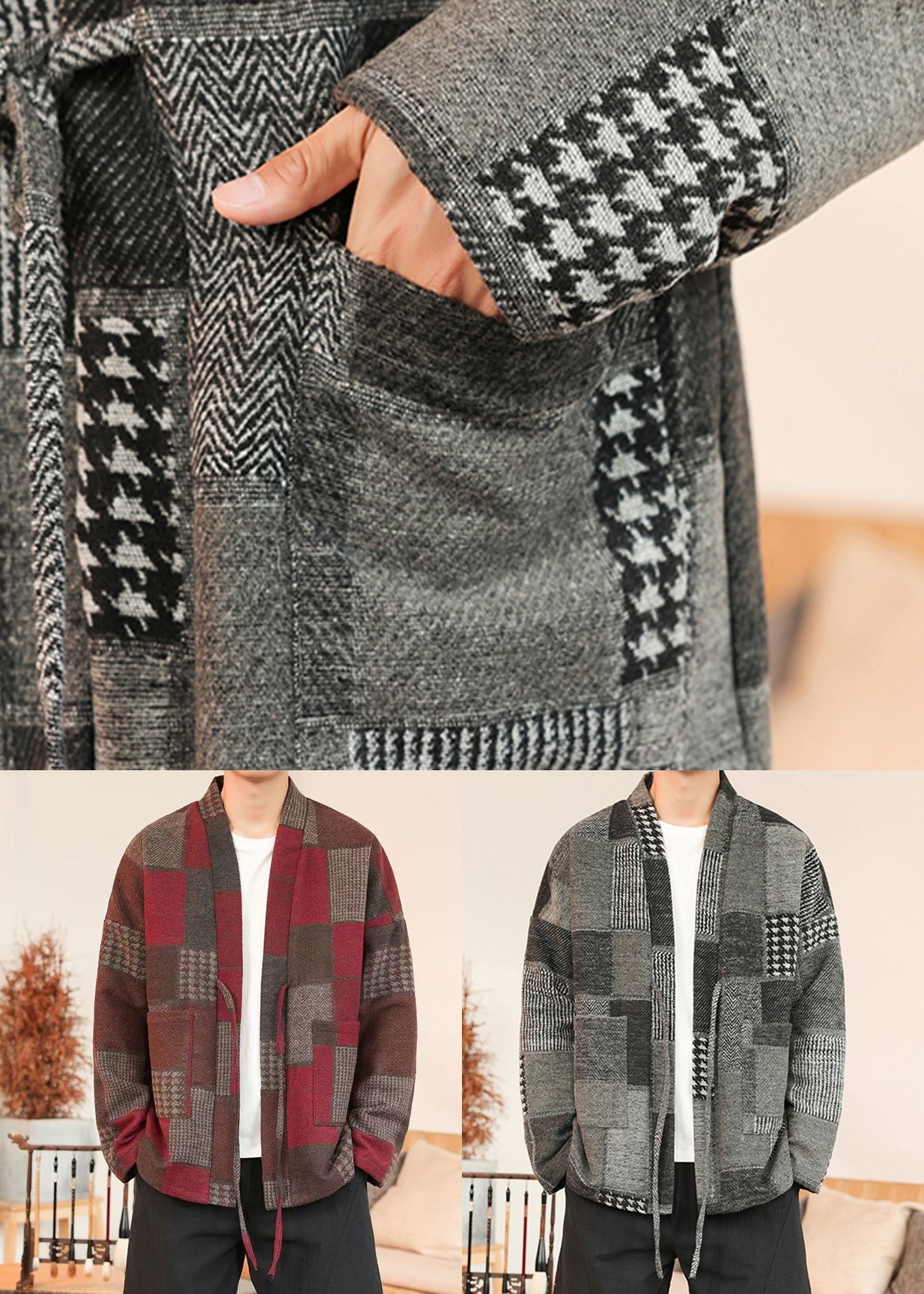 French Red Plaid Lace Up Woolen Coats Winter Ro030