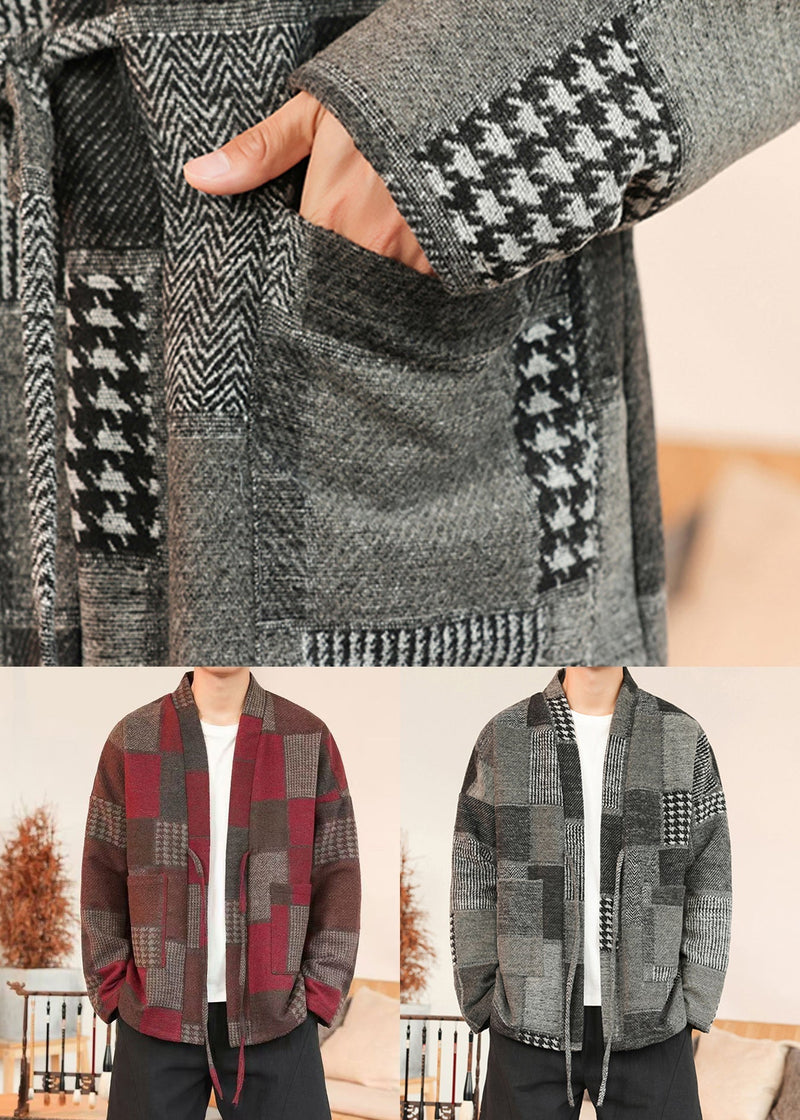 French Red Plaid Lace Up Woolen Coats Winter Ro030