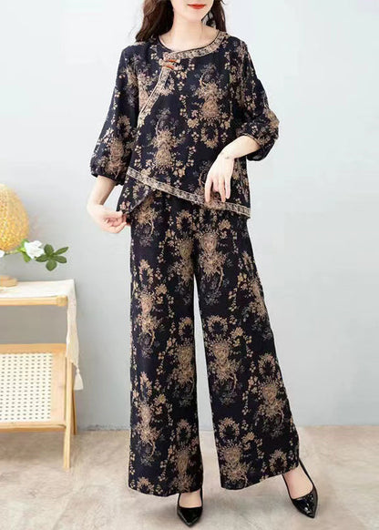 French Red Print Tops and Pants Cotton Two Pieces Set Half Sleeve Au1053