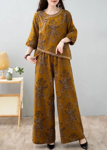 French Red Print Tops and Pants Cotton Two Pieces Set Half Sleeve Au1053