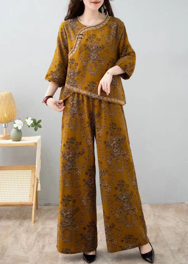 French Red Print Tops and Pants Cotton Two Pieces Set Half Sleeve Au1053