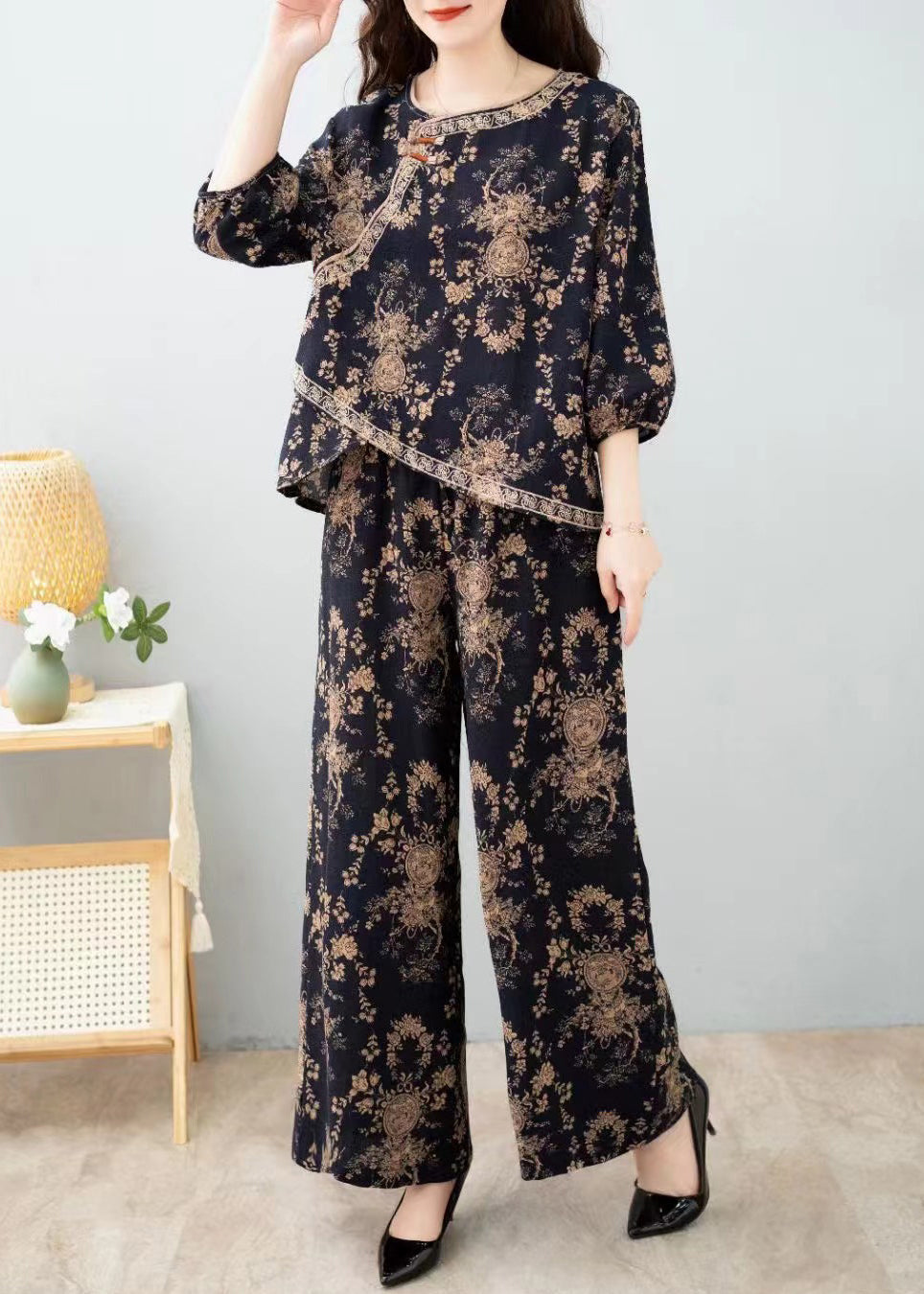 French Red Print Tops and Pants Cotton Two Pieces Set Half Sleeve Au1053