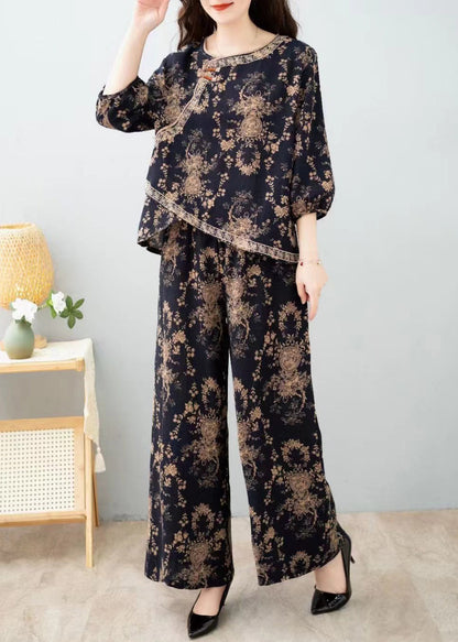French Red Print Tops and Pants Cotton Two Pieces Set Half Sleeve Au1053