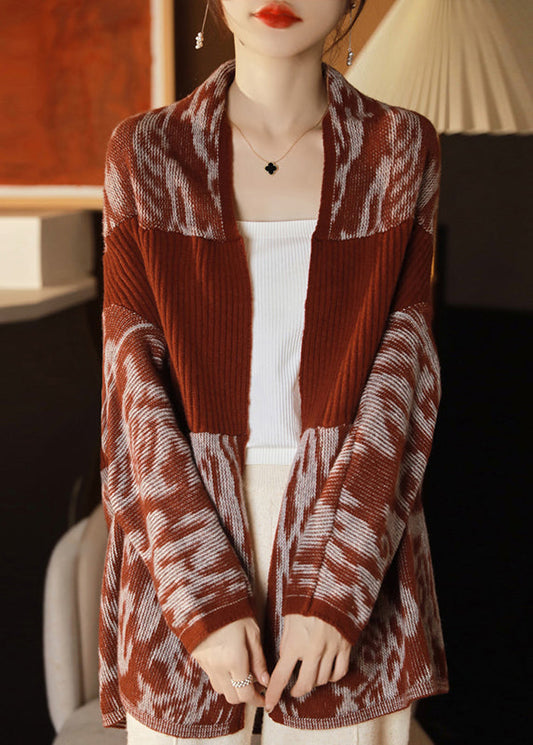 French Red V Neck Patchwork Wool Knit Cardigans Long Sleeve Qa1041