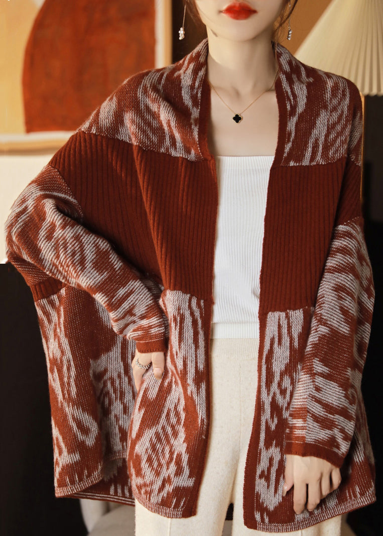 French Red V Neck Patchwork Wool Knit Cardigans Long Sleeve Qa1041
