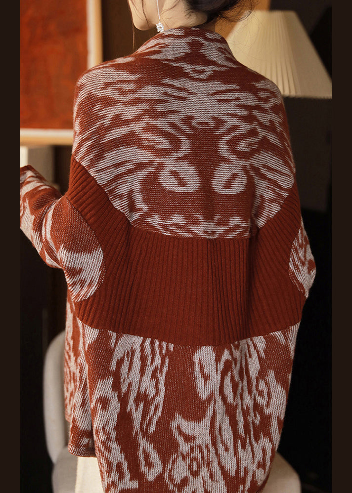 French Red V Neck Patchwork Wool Knit Cardigans Long Sleeve Qa1041