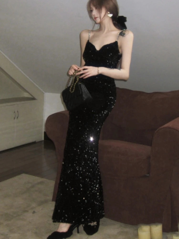 French Retro Sequins Long Dresses for Sleeveless Slim Mermaid Spring New Evening Party Dress Prom Robe Wedding Vestidos