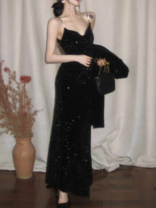 French Retro Sequins Long Dresses for Sleeveless Slim Mermaid Spring New Evening Party Dress Prom Robe Wedding Vestidos