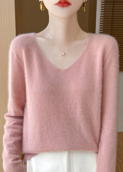 French Rose V Neck Cozy Woolen Versatile Sweater Winter Wn036