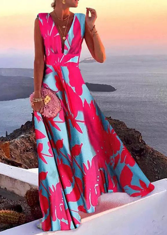French Rose V Neck Patchwork Chiffon Long Dress Sleeveless Th042