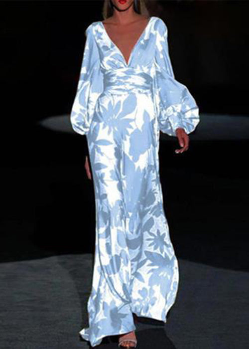 French Rose V Neck Print Cotton Long Dresses Long Sleeve Ww1038