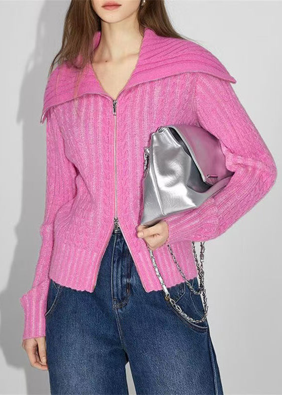 French Rose Zip Up Patchwork Woolen Loose Coat Spring Tq023