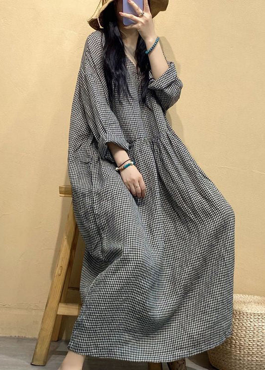 French Small Plaid V Neck Linen Long Dresses Fall Au1054