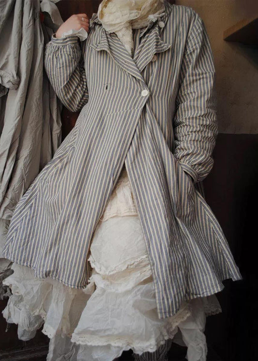 French Striped Button Pockets Cotton Coats Long Sleeve Ff068