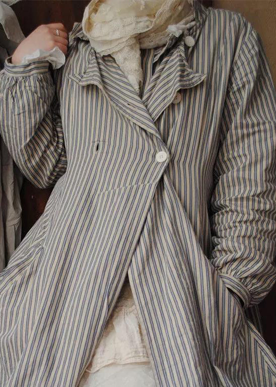French Striped Button Pockets Cotton Coats Long Sleeve Ff068