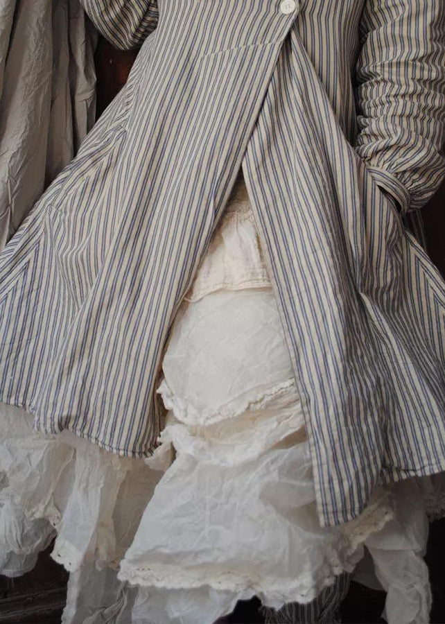French Striped Button Pockets Cotton Coats Long Sleeve Ff068