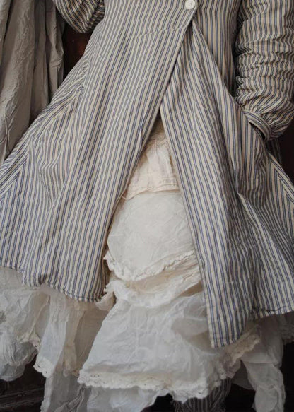 French Striped Button Pockets Cotton Coats Long Sleeve Ff068