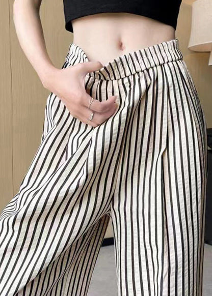 French Striped Pockets Elastic Waist Cotton Pants Summer Ac1024