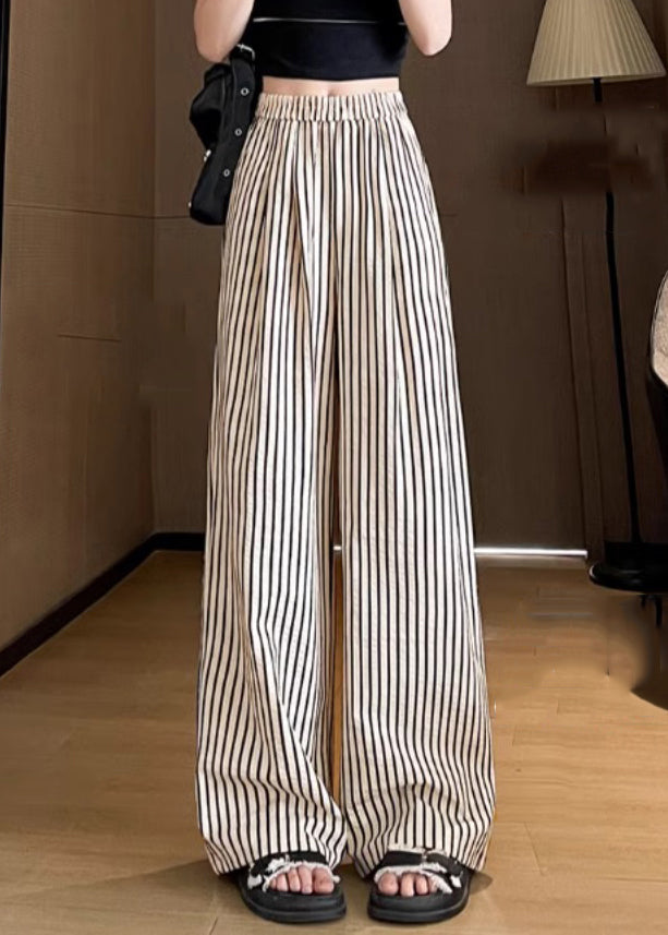 French Striped Pockets Elastic Waist Cotton Pants Summer Ac1024