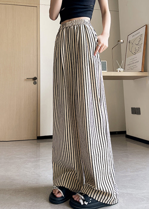 French Striped Pockets Elastic Waist Cotton Pants Summer Ac1024