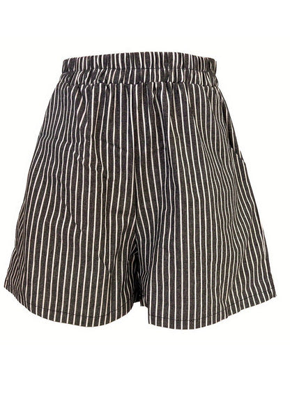 French Striped Pockets Elastic Waist Cotton Shorts Summer Ff043