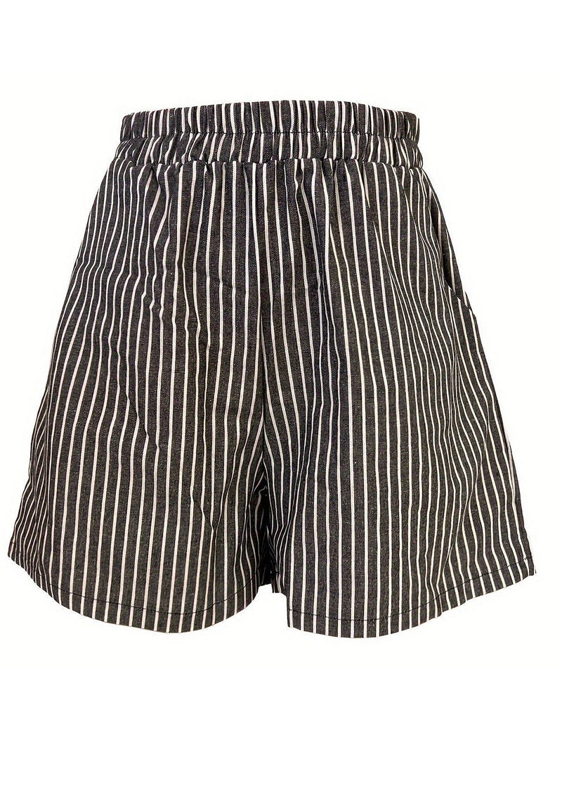 French Striped Pockets Elastic Waist Cotton Shorts Summer Ff043