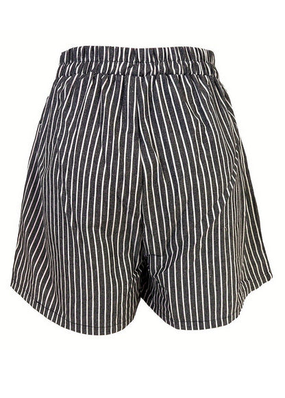 French Striped Pockets Elastic Waist Cotton Shorts Summer Ff043