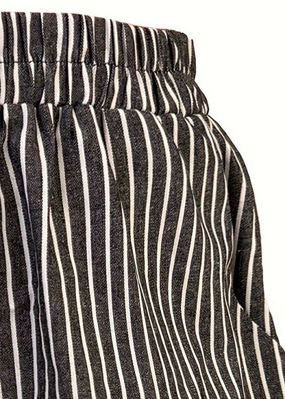 French Striped Pockets Elastic Waist Cotton Shorts Summer Ff043