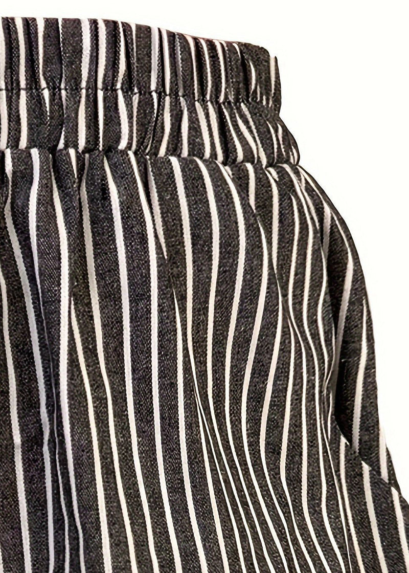 French Striped Pockets Elastic Waist Cotton Shorts Summer Ff043