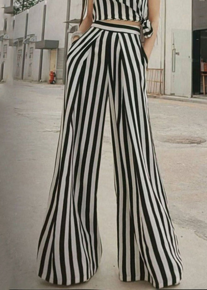 French Striped Pockets High Waist Cotton Wide Leg Pants Summer Zl029