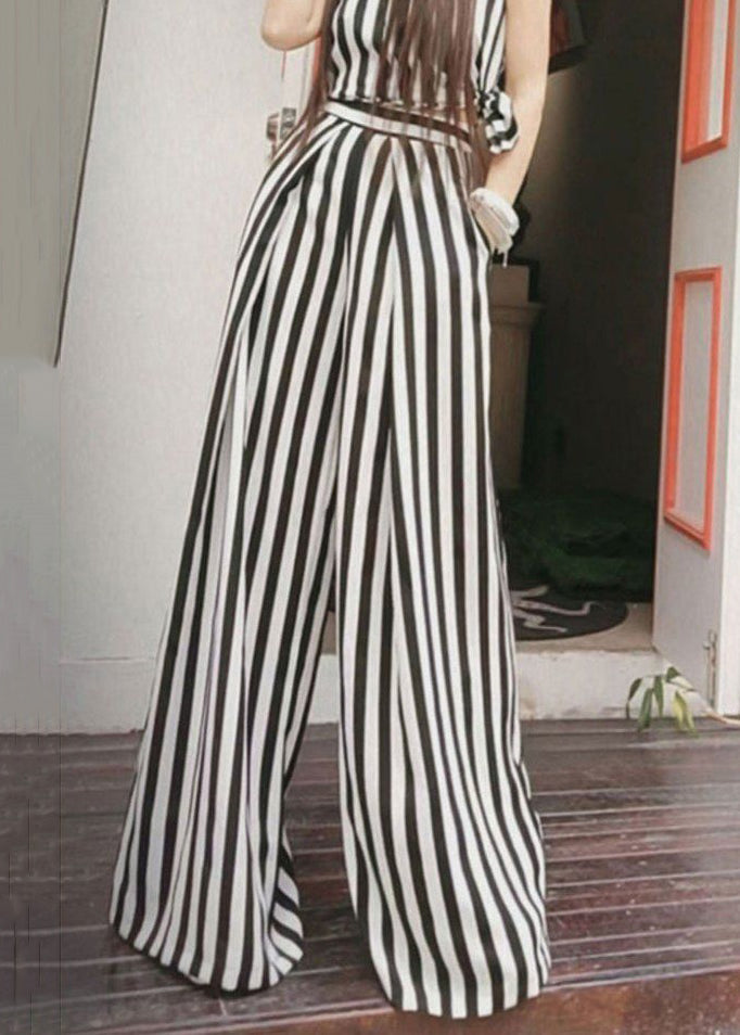 French Striped Pockets High Waist Cotton Wide Leg Pants Summer Zl029