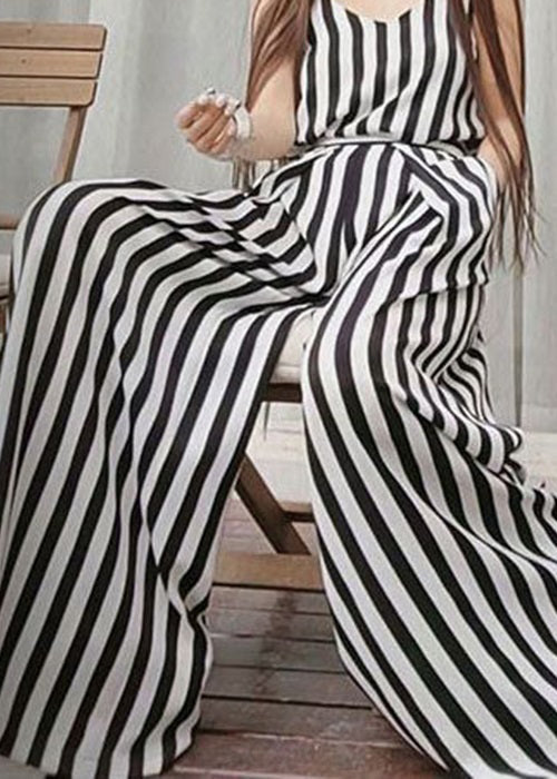 French Striped Pockets High Waist Cotton Wide Leg Pants Summer Zl029