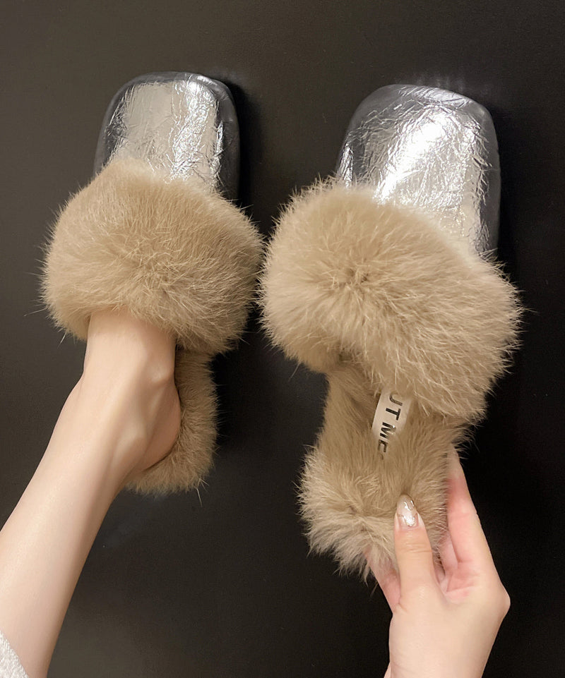 French Style Silver Slippers Shoes Splicing Fuzzy Wool Lined Rx025