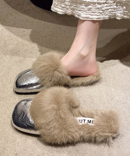 French Style Silver Slippers Shoes Splicing Fuzzy Wool Lined Rx025