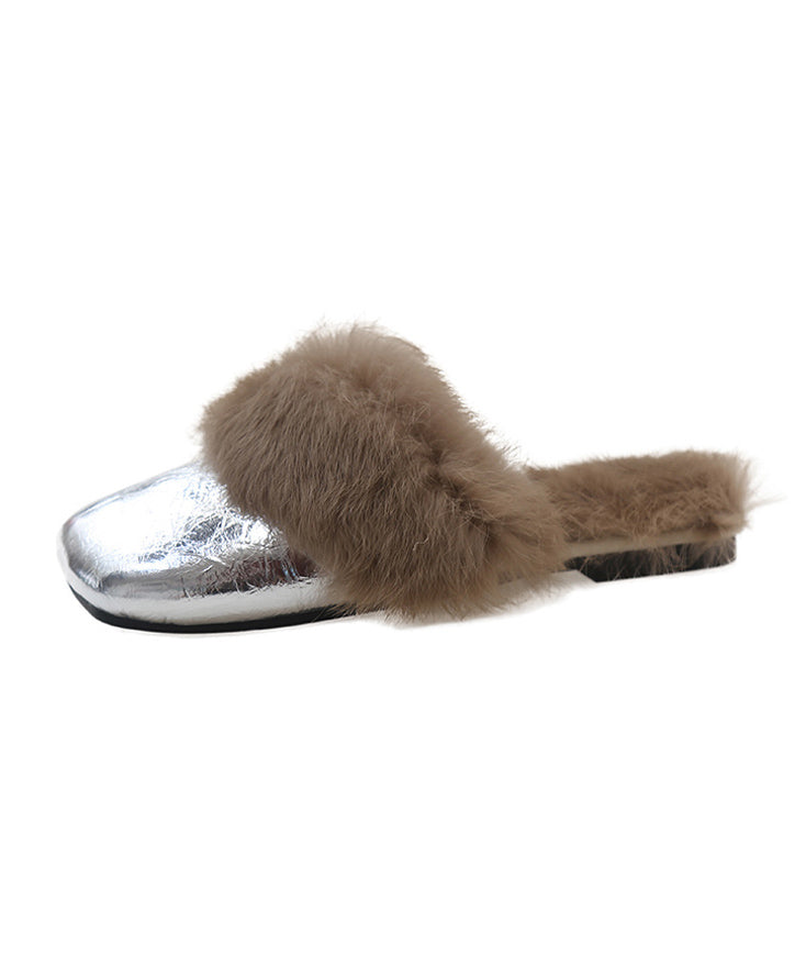French Style Silver Slippers Shoes Splicing Fuzzy Wool Lined Rx025