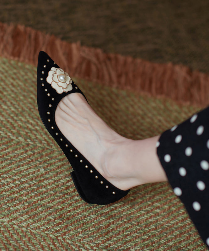 French Suede Nail Bead Splicing Flat Shoes Pointed Toe Qk036
