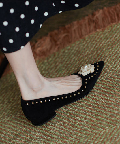 French Suede Nail Bead Splicing Flat Shoes Pointed Toe Qk036