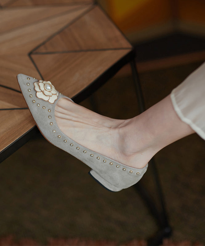 French Suede Nail Bead Splicing Flat Shoes Pointed Toe Qk036