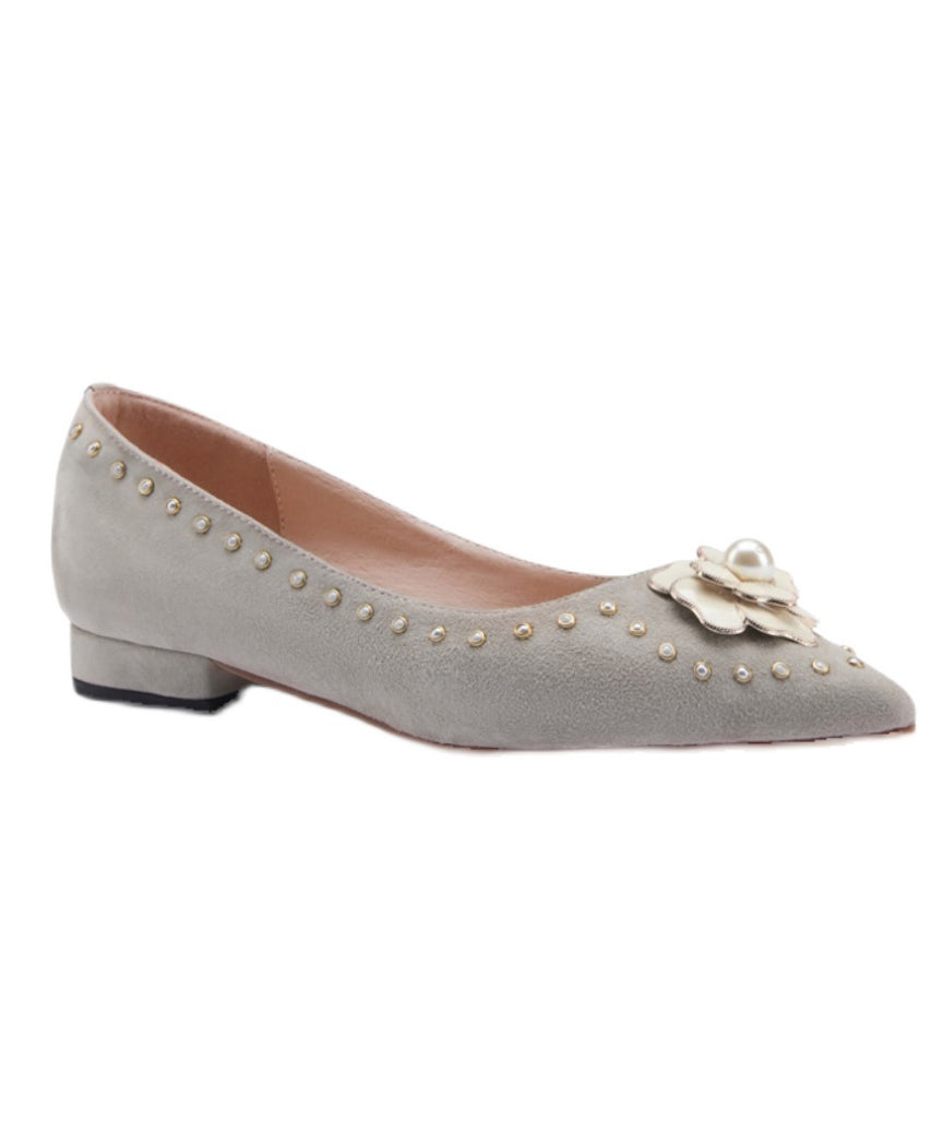 French Suede Nail Bead Splicing Flat Shoes Pointed Toe Qk036