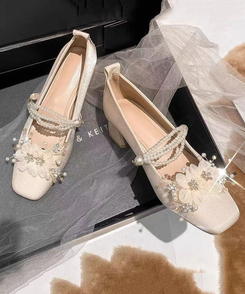 French Sweet Flower Thick Heel Satin Mary Jane Shoes Jj003