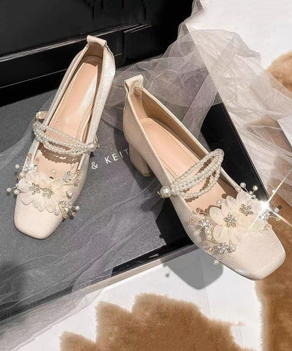 French Sweet Flower Thick Heel Satin Mary Jane Shoes Jj003