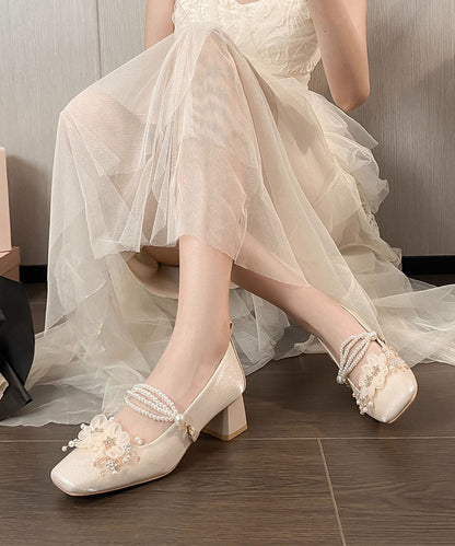 French Sweet Flower Thick Heel Satin Mary Jane Shoes Jj003