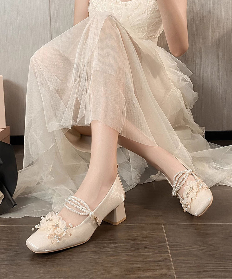 French Sweet Flower Thick Heel Satin Mary Jane Shoes Jj003