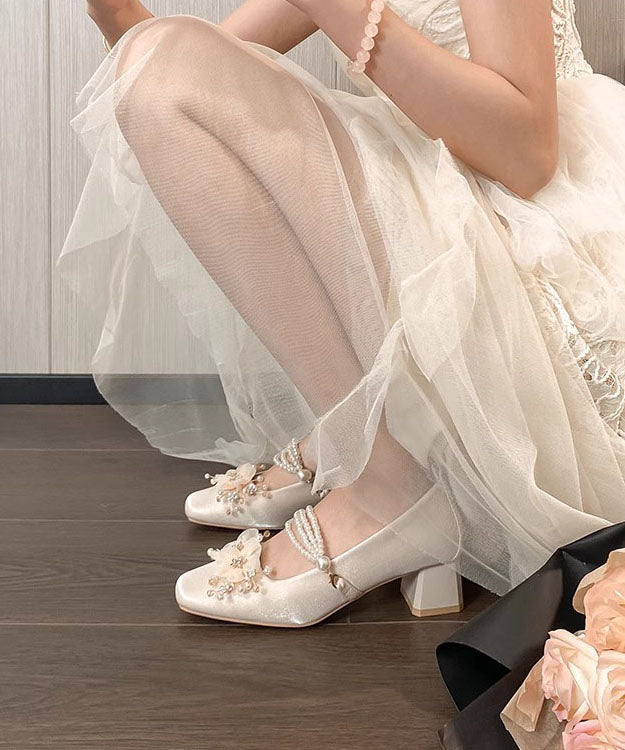French Sweet Flower Thick Heel Satin Mary Jane Shoes Jj003