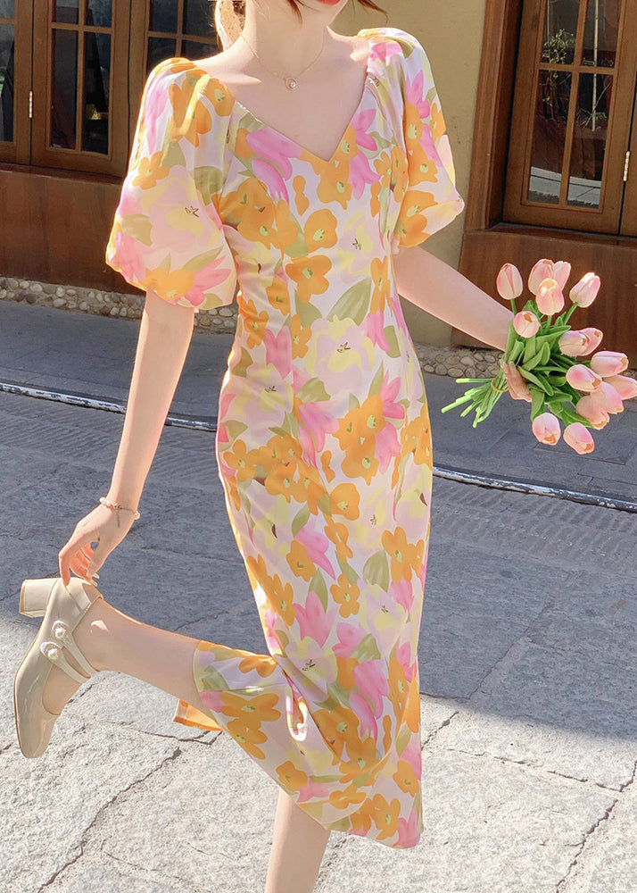 French V Neck Print Side Open Cotton Long Dress Summer Xx050