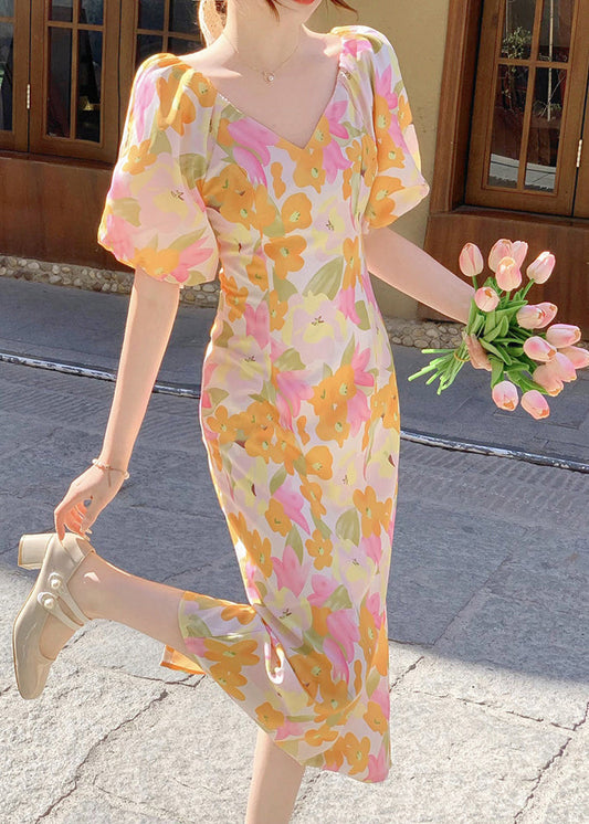 French V Neck Print Side Open Cotton Long Dress Summer Xx050