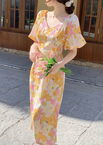 French V Neck Print Side Open Cotton Long Dress Summer Xx050
