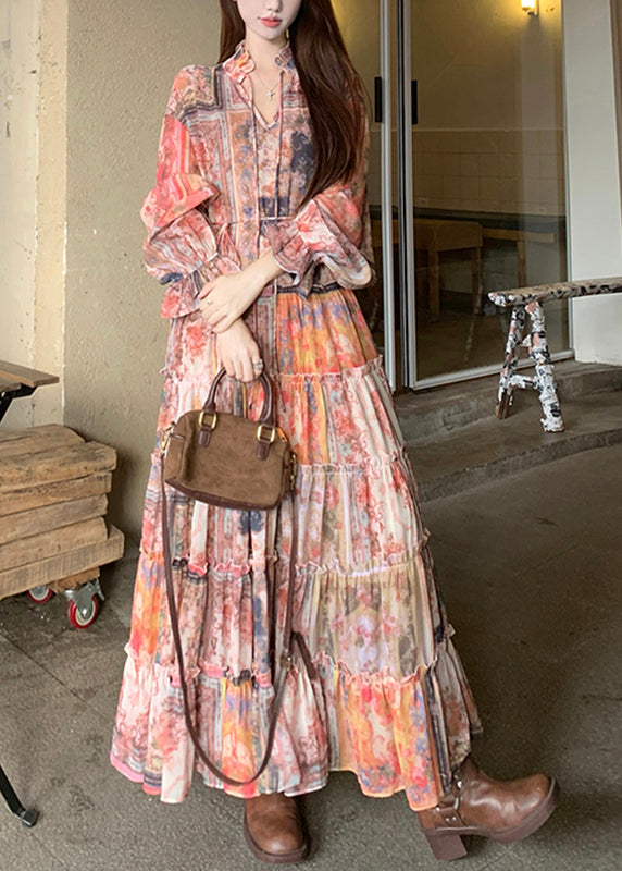 Waistcoat French Dress Print Flare Two Pieces and V Maxi Set Neck
