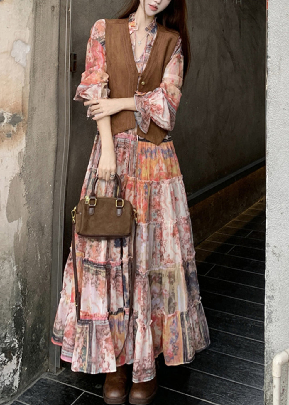 Waistcoat French Dress Print Flare Two Pieces and V Maxi Set Neck